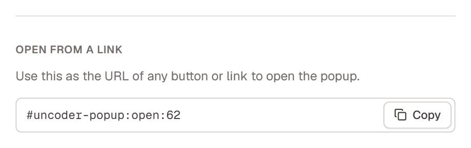 The Open from a link group of the Popup settings drawer with the address #urmi-popup:open:62 and a Copy button