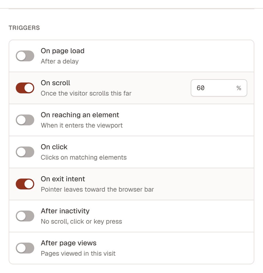 The Triggers group of the Popup settings drawer with On scroll at 60% and On exit intent turned on