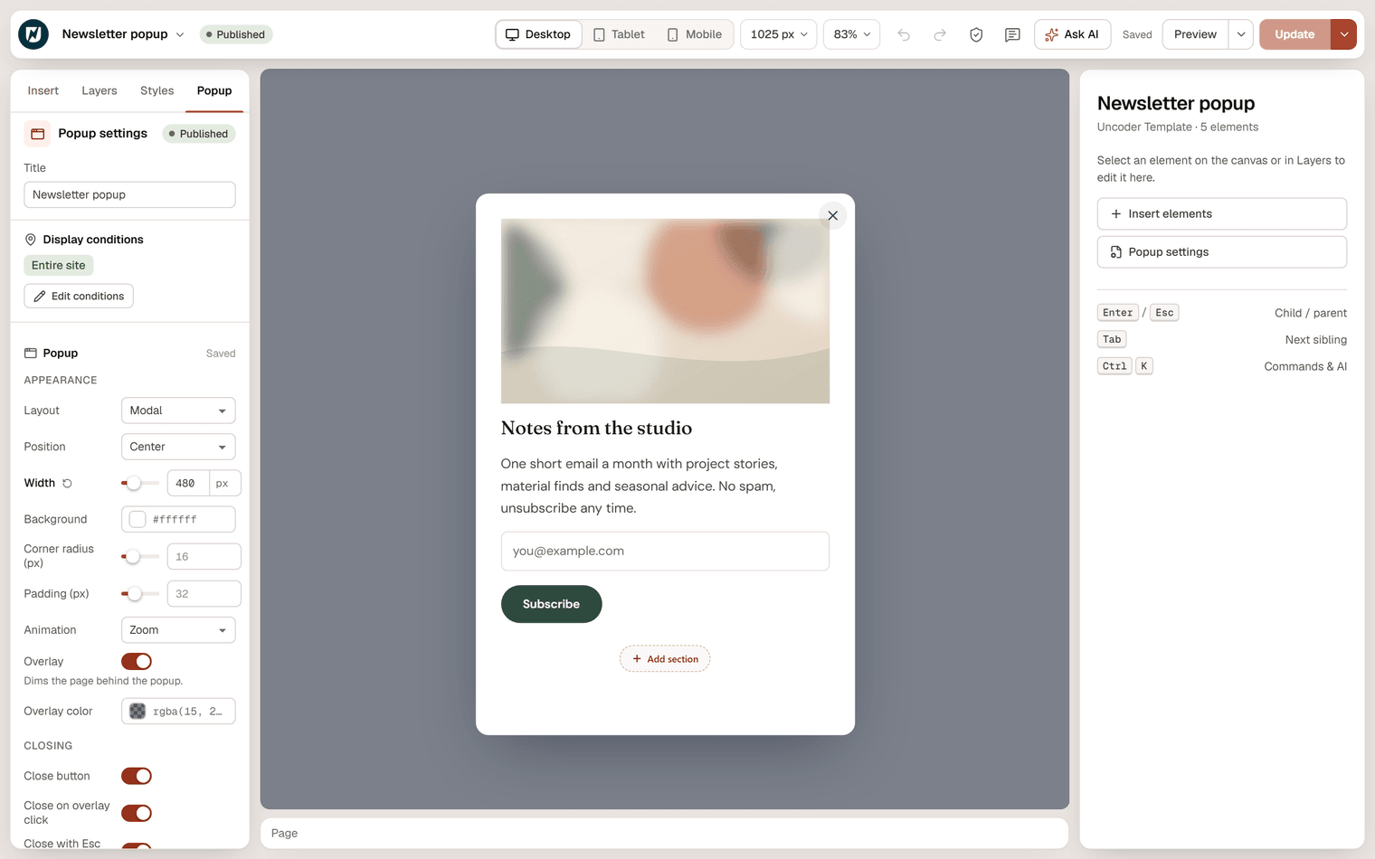 The Newsletter popup in the editor with the Popup tab open: display conditions, layout, position, width, colors, overlay and closing options