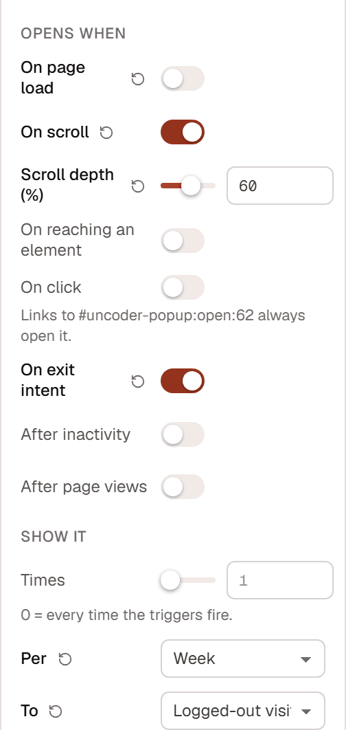 The Opens when and Show it parts of the editor's Popup tab, with On scroll at 60% and On exit intent on