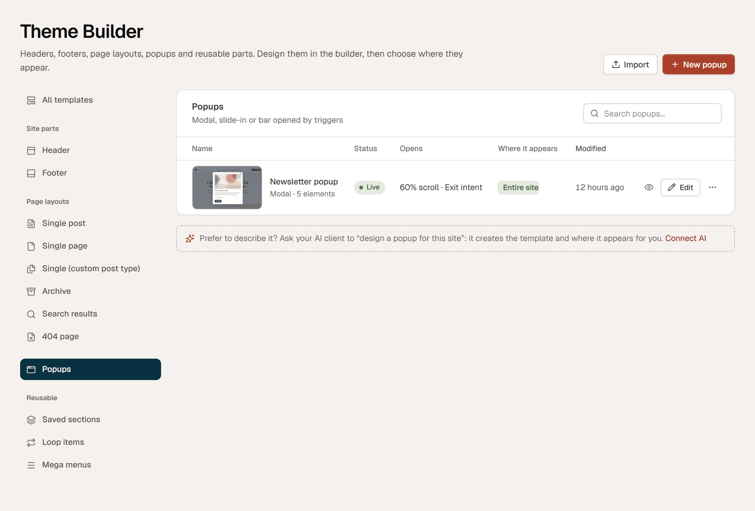 The Popups section of the Theme Builder with a draft bar popup opened by scroll and inactivity, and the live Newsletter popup opened by scroll and exit intent