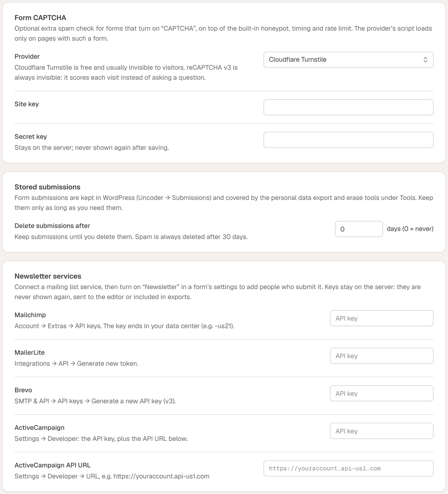 The Forms section: Form CAPTCHA with Cloudflare Turnstile chosen and its Site key and Secret key fields, Stored submissions with Delete submissions after, and Newsletter services with Mailchimp, MailerLite, Brevo and ActiveCampaign