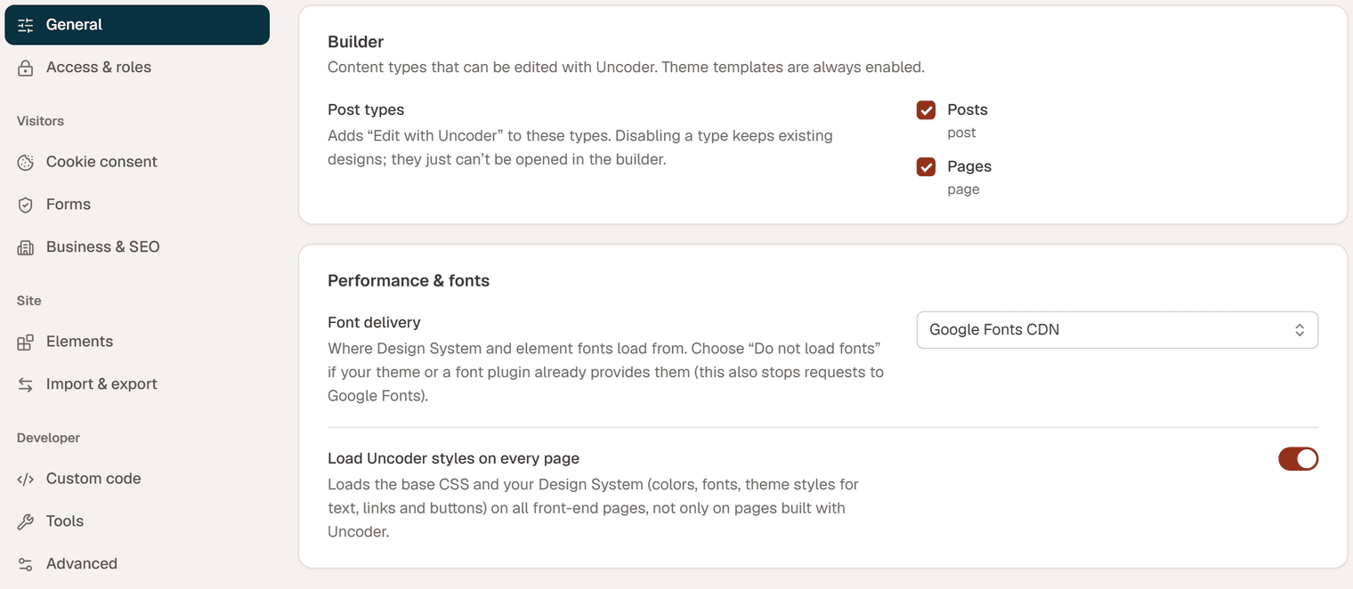 The General section: the Builder card with Post types, and the Performance & fonts card with Font delivery and Load Urmi styles on every page