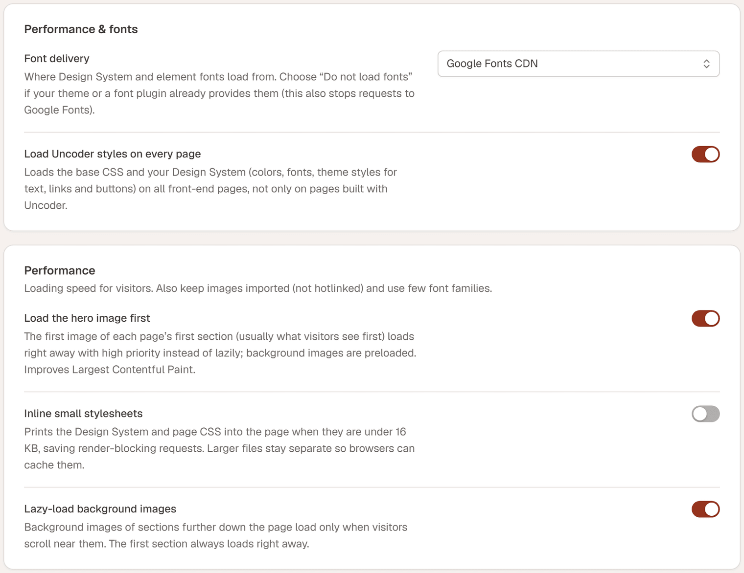 The Performance & fonts card (Font delivery, Load Urmi styles on every page) and the Performance card (Load the hero image first, Inline small stylesheets, Lazy-load background images)