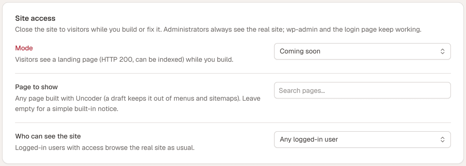 The Site access card with Mode set to Coming soon, the Page to show search field and Who can see the site set to Any logged-in user