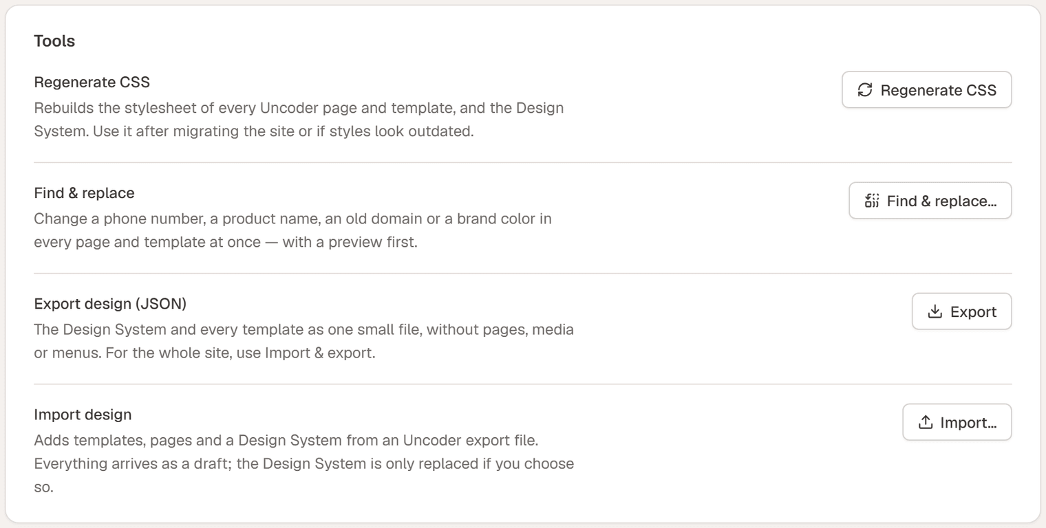 The Tools card with Regenerate CSS, Find & replace, Export design (JSON) and Import design
