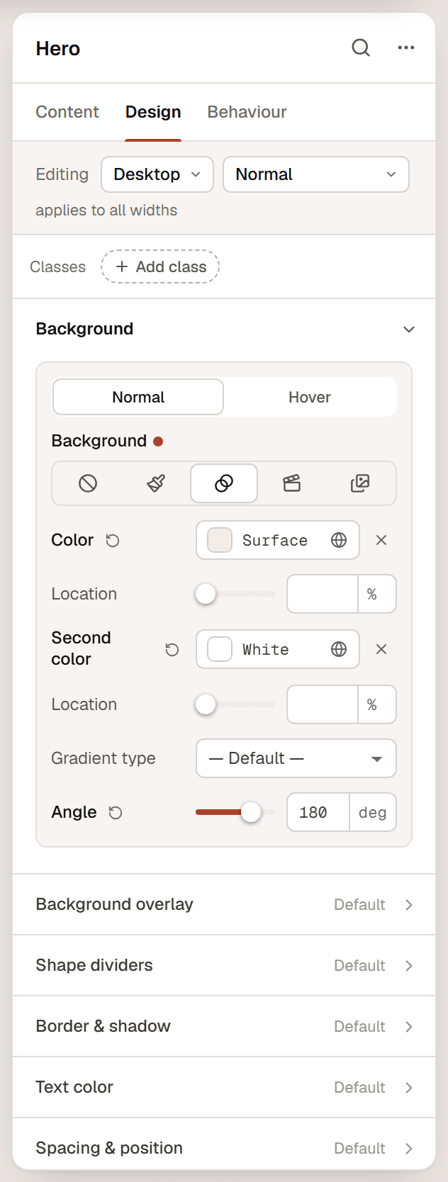 The Background section of the Hero container with the Normal and Hover tabs, the background types None, Classic, Gradient, Video and Slideshow, and a gradient from Surface to White at 180 degrees
