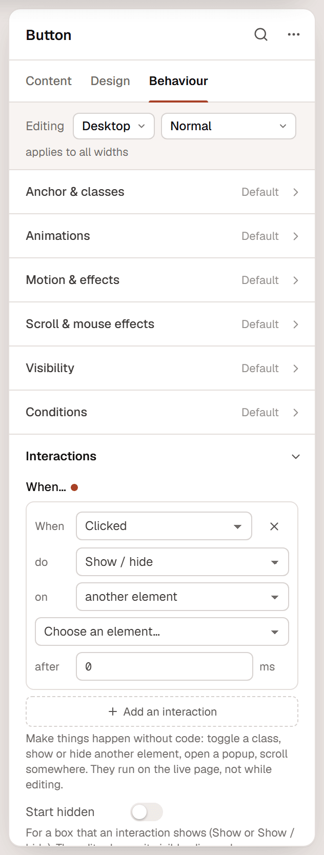 The Interactions section of a button with one interaction: When Clicked, do Show / hide, on another element, and the Start hidden switch