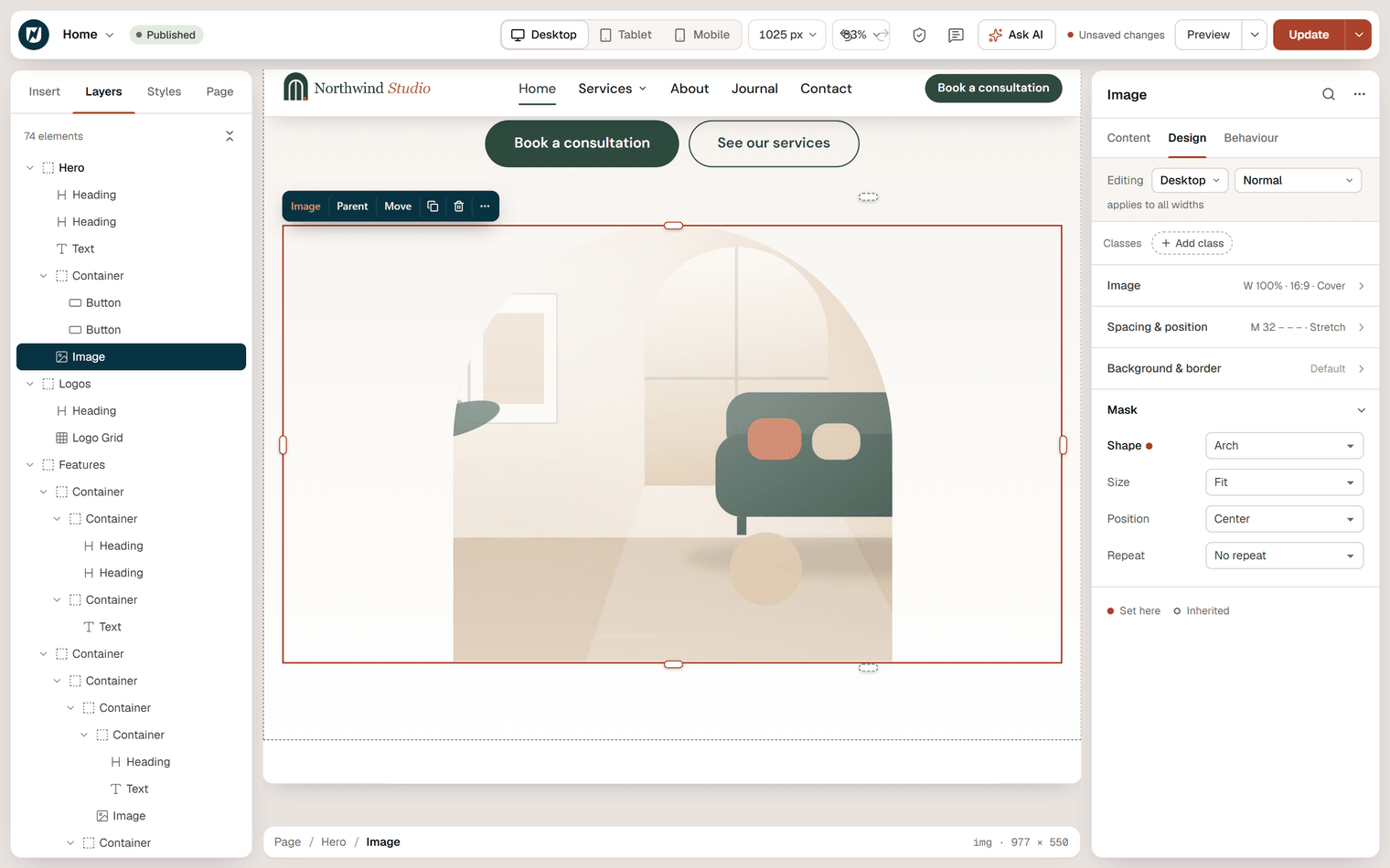 The Home page hero image cropped to an arch mask, with the Mask section of the Image settings showing Shape Arch