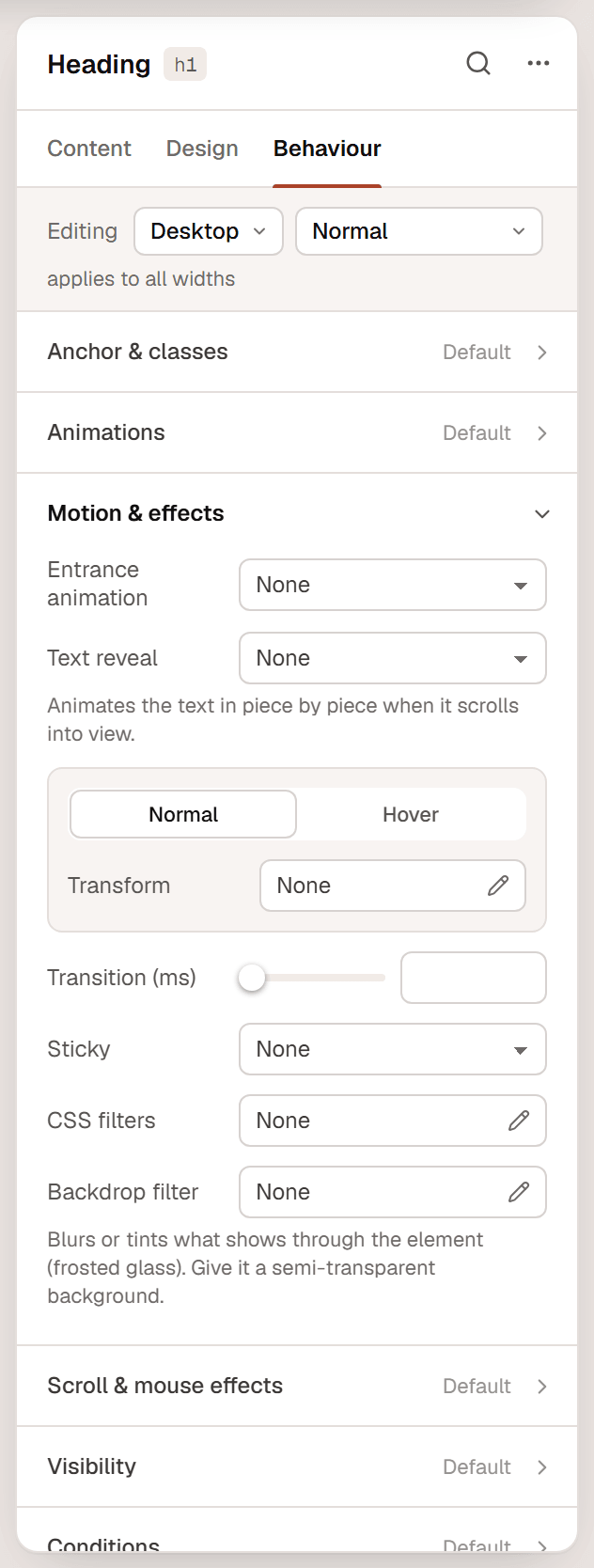 The Motion & effects section with Entrance animation, the Normal and Hover transform tabs, Transition, Sticky, CSS filters and Backdrop filter