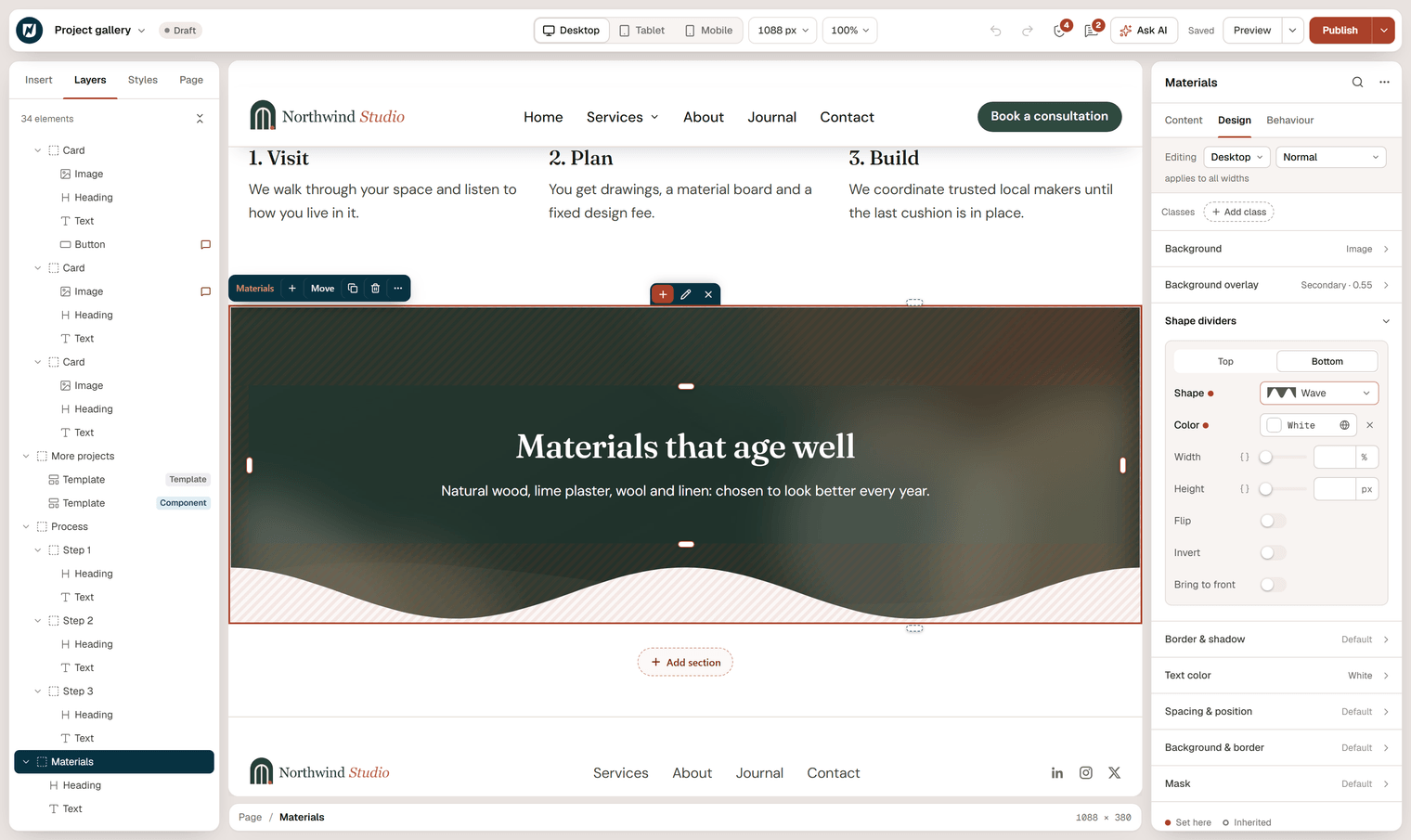 The Materials section of the Project gallery page with a white wave divider at its bottom edge, and the Shape dividers settings with the Bottom tab, the Wave shape, Color, Width, Height, Flip, Invert and Bring to front