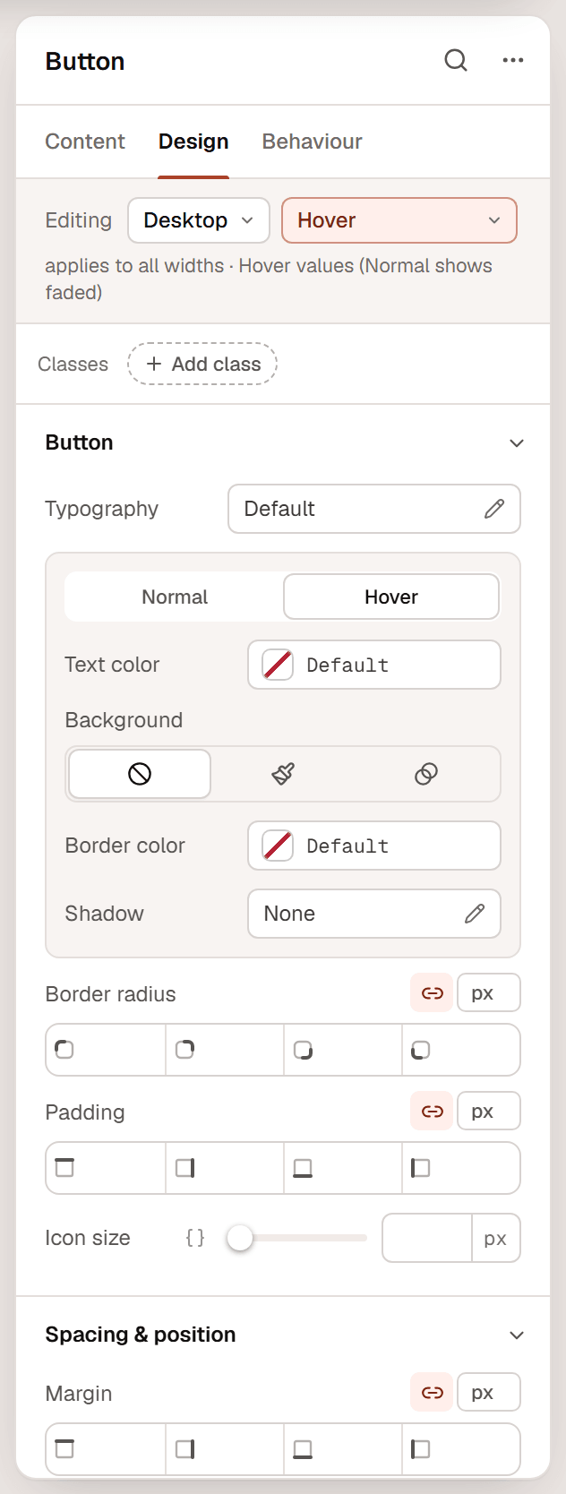 The Design tab of a button with the state set to Hover in the Editing row, the hint Hover values (Normal shows faded), and the button's Hover colors