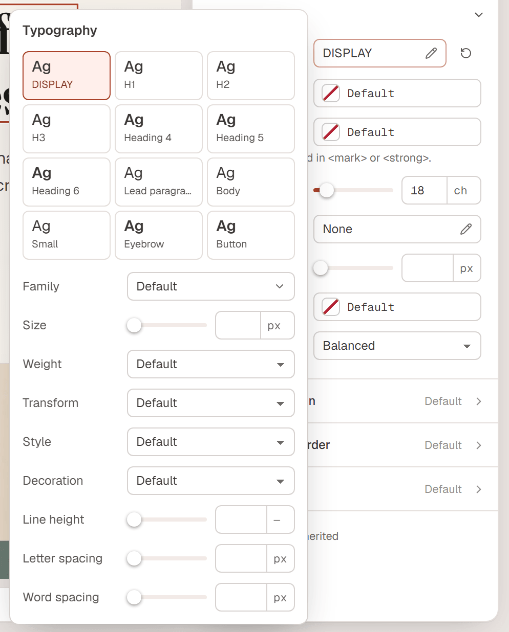The typography editor of a heading: the text style tiles at the top with DISPLAY selected, then Family, Size, Weight, Transform, Style, Decoration, Line height, Letter spacing and Word spacing