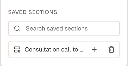 The Saved sections part of the Insert panel, with a search box and the Consultation call to action section with its insert and trash buttons