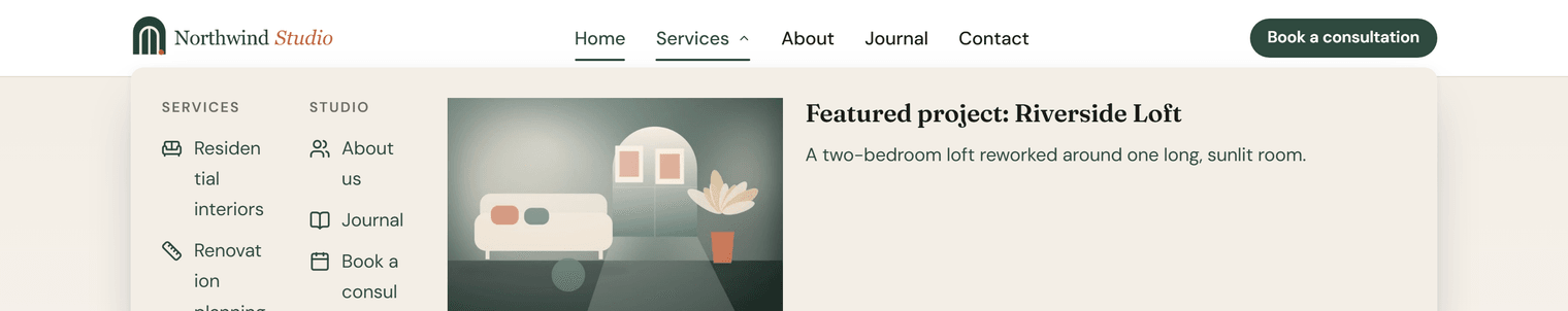 The Northwind Studio header with the Services mega menu open: two columns of links with icons and a featured project image