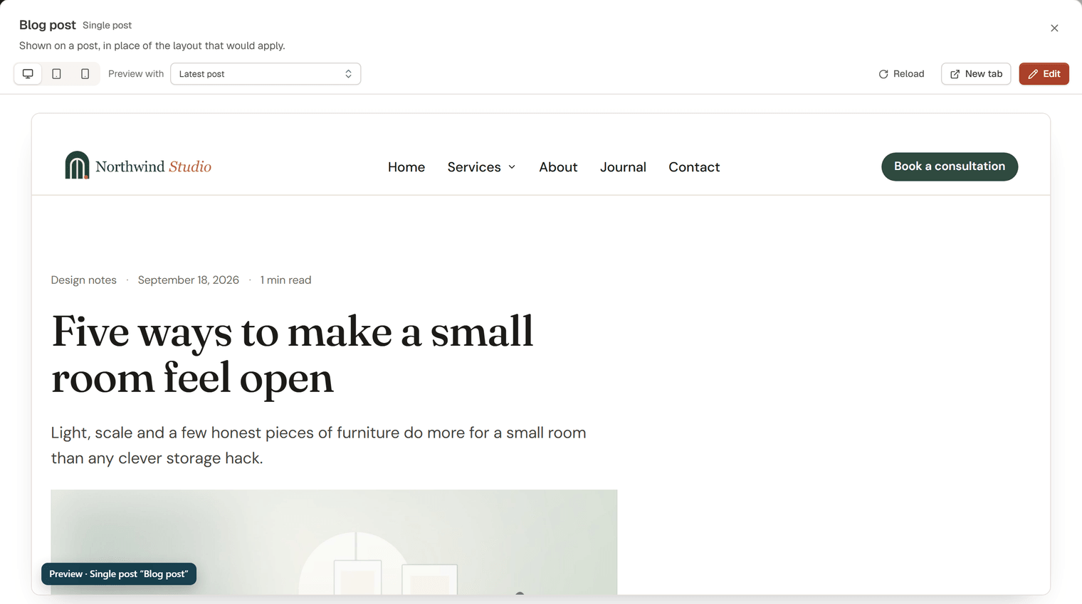 The Preview dialog of the Blog post template: device buttons, a Preview with list set to Latest post, Reload, New tab and Edit buttons, and the post shown in the site's header