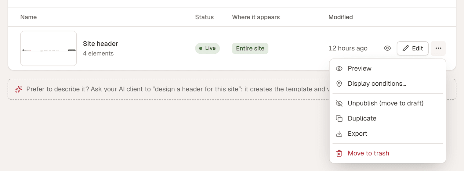 The row menu of the Site header template with Preview, Display conditions, Unpublish, Duplicate, Export and Move to trash