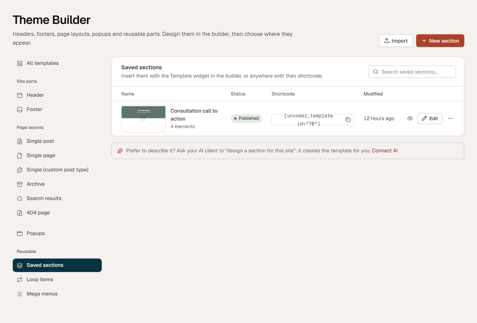 The Saved sections list in the Theme Builder with the Consultation call to action section, its status and its shortcode with a copy button