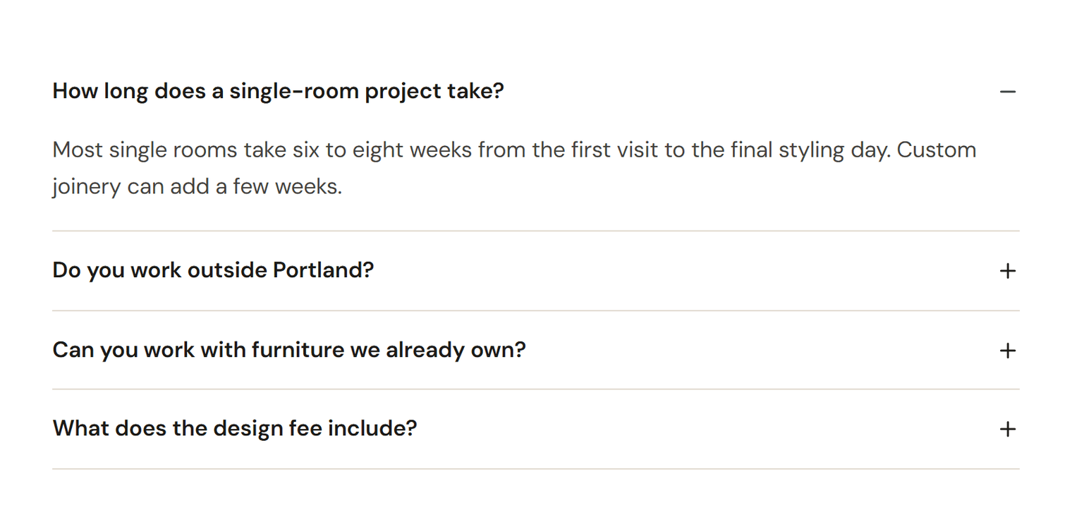 An FAQ accordion with four questions about a design studio, the first one open and answered