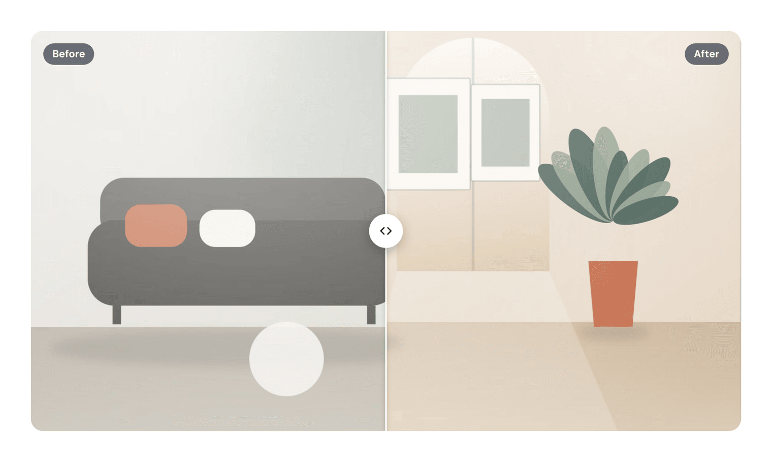 A before and after comparison with a draggable round handle in the middle: an empty grey room on the left labelled Before and a furnished room on the right labelled After