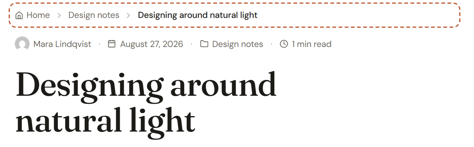 The top of a blog post: a breadcrumb trail Home, Design notes, Designing around natural light, outlined, above the post details and the title