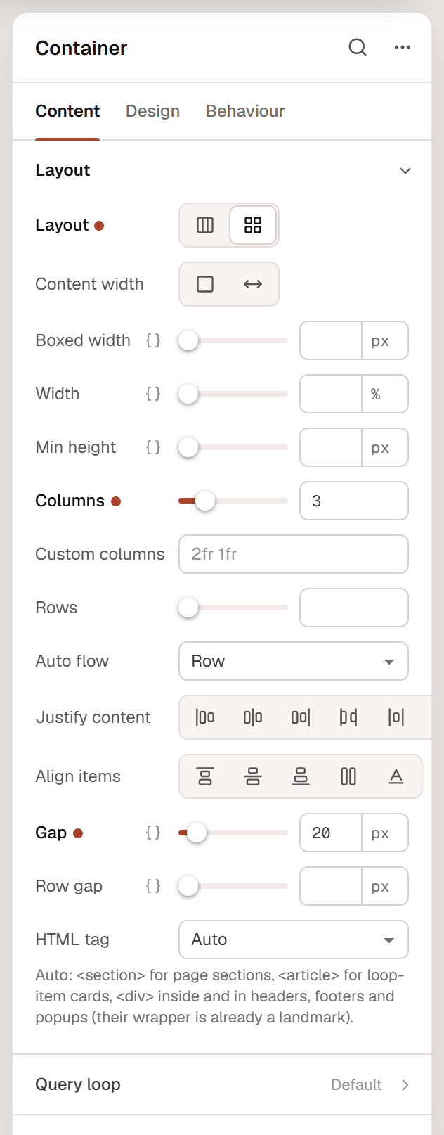 The Container inspector with the Layout section open: Layout set to Grid, Columns 3 and Gap 20 px