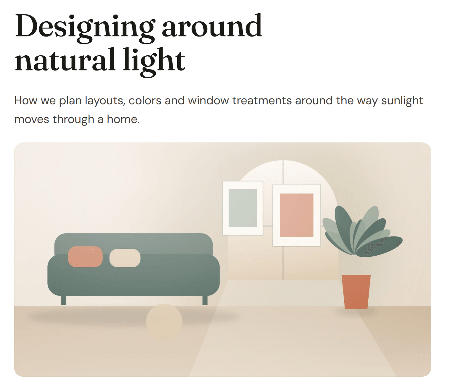 The top of a blog post: the title Designing around natural light, the excerpt, and a wide featured image of a living room with rounded corners