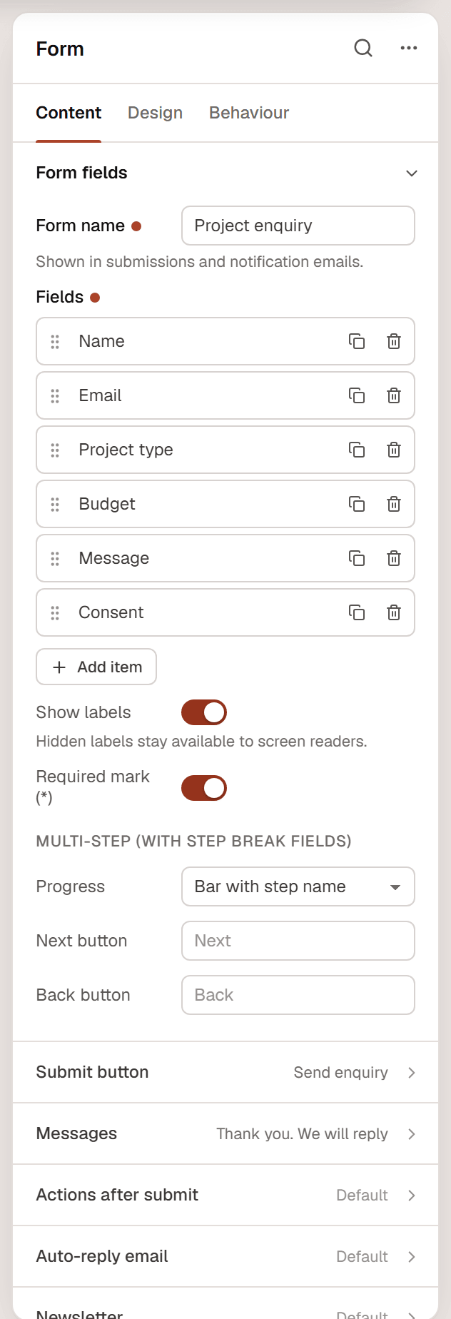 The Form settings with the Form fields section open, listing the fields Name, Email, Project type, Budget, Message and Consent with Add item below