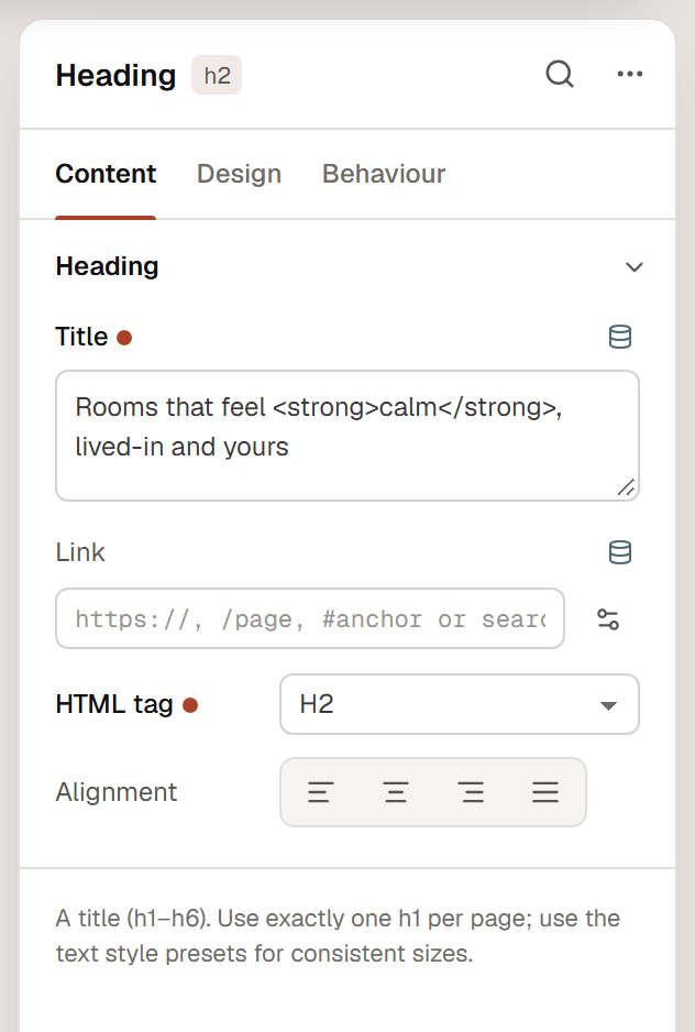 The Heading inspector on the Content tab with the Title, Link, HTML tag and Alignment settings