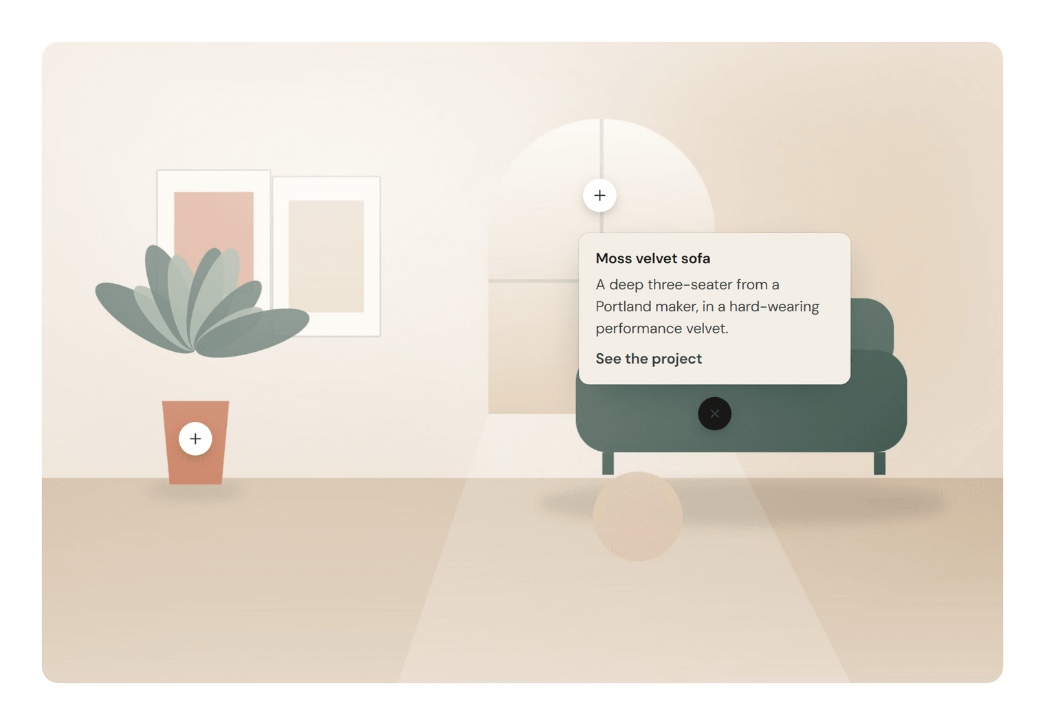 A living room illustration with three round markers; the one on the sofa is open and shows a tooltip titled Moss velvet sofa with a short text and a See the project link
