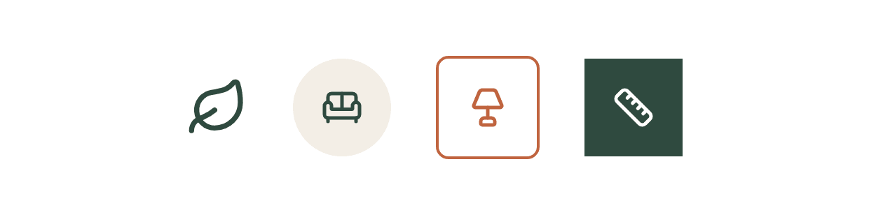 Four icons in a row: a plain leaf, a sofa on a sand-colored circle, a lamp in an outlined rounded square and a ruler on a green square