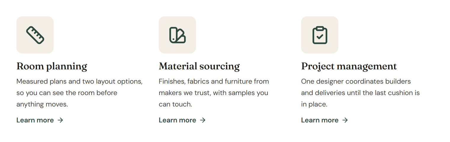 Three icon boxes side by side: Room planning, Material sourcing and Project management, each with an icon on a sand-colored rounded square, a description and a Learn more link