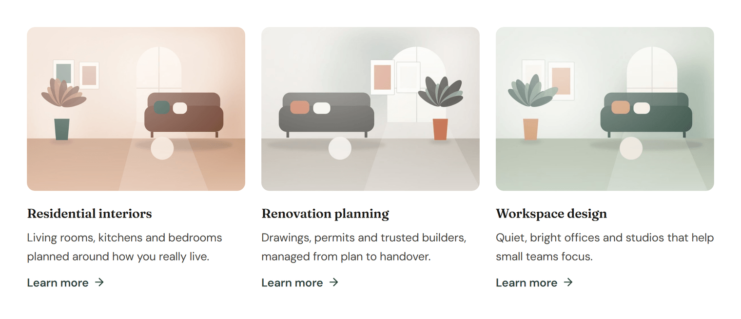 Three image boxes: Residential interiors, Renovation planning and Workspace design, each with a room illustration, a description and a Learn more link