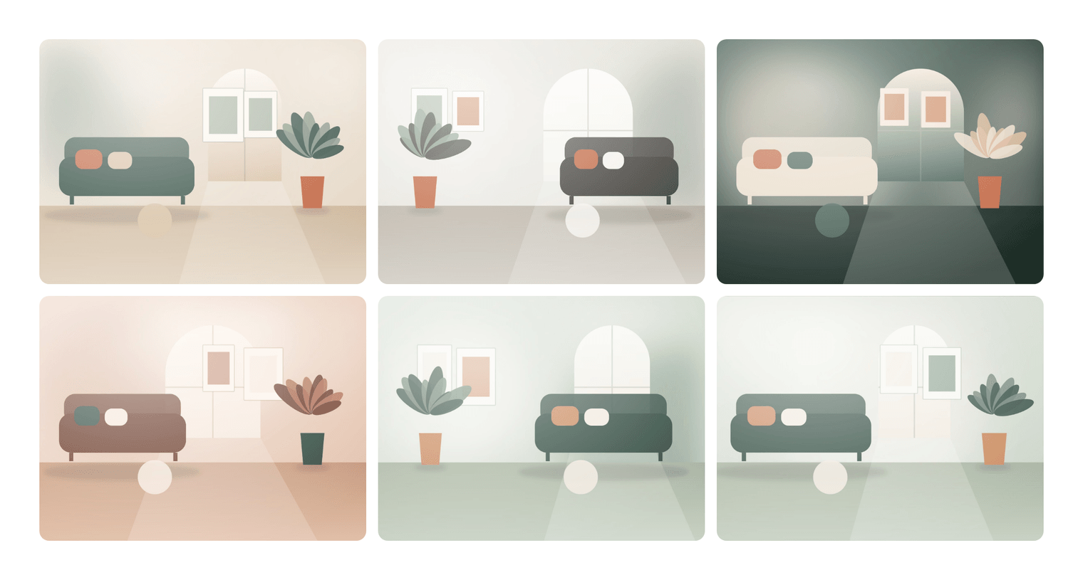 A grid of six project images in three columns with rounded corners