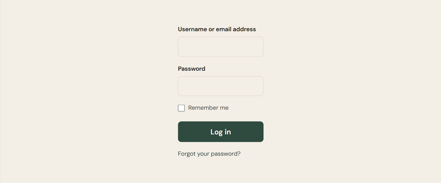 A login form on a beige background with Username or email address and Password fields, a Remember me checkbox, a dark green Log in button and a Forgot your password link