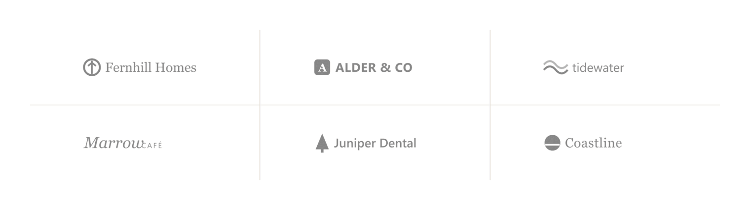 Six client logos in grey in a three-column grid with thin divider lines: Fernhill Homes, Alder & Co, Tidewater, Marrow Café, Juniper Dental and Coastline