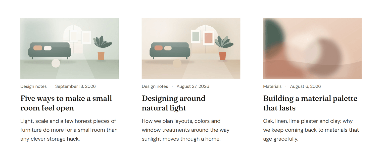 A grid of three blog cards, each with an illustration, the category and date, a serif title and a short excerpt