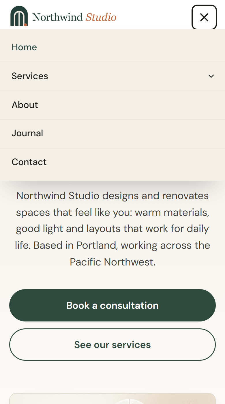 The header on a phone with the menu open as a full-width dropdown listing Home, Services with an arrow, About, Journal and Contact, and a close button top right