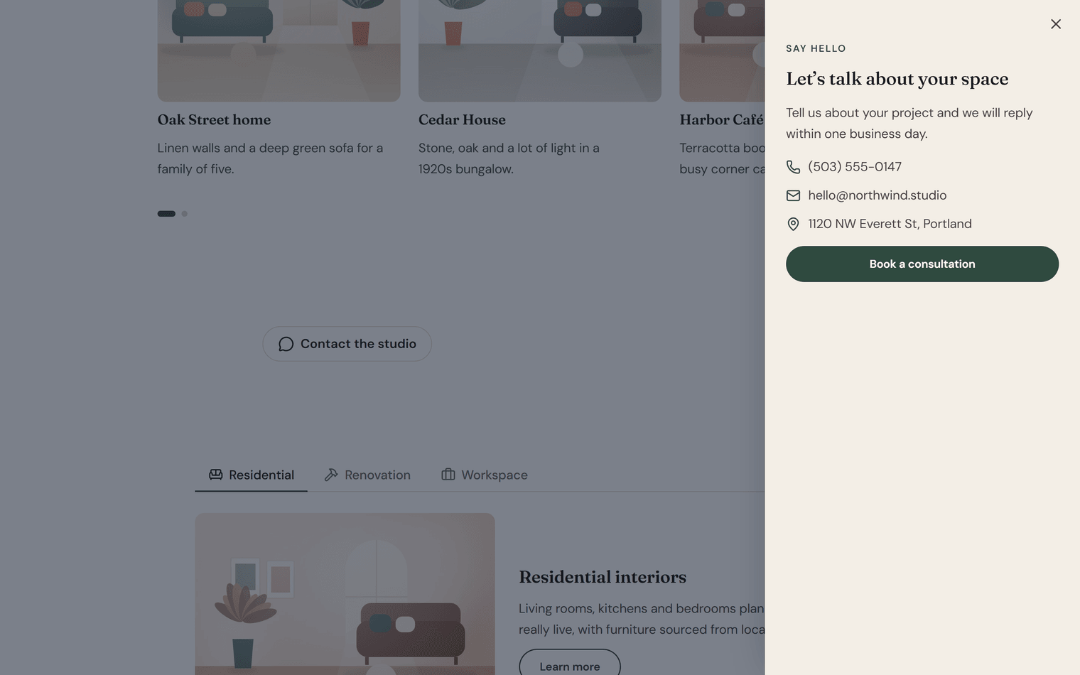 A page dimmed behind a panel that slid in from the right, with a heading, contact details and a Book a consultation button