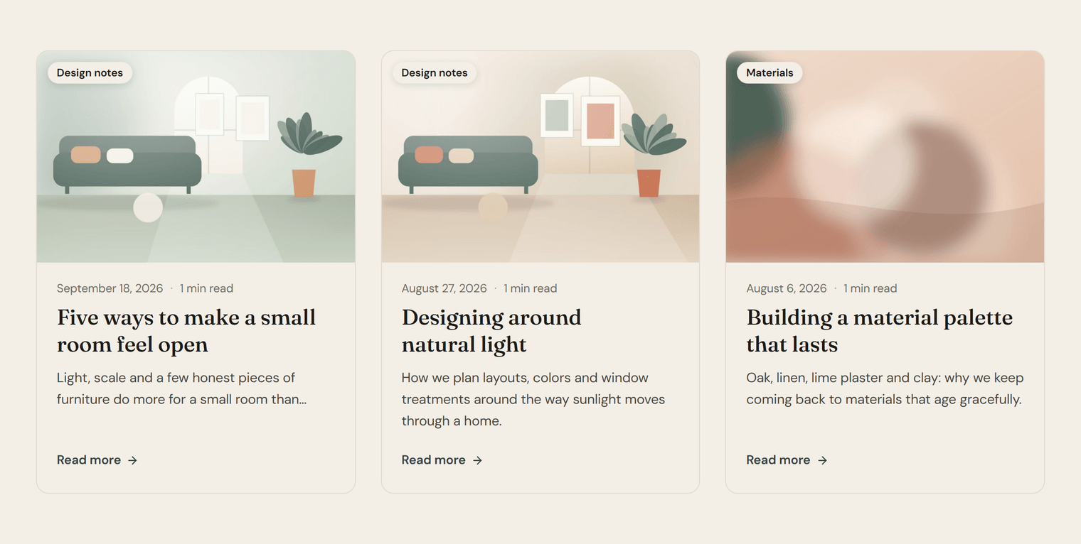Three blog cards on a beige band, each with an illustration and a category badge, the date and reading time, a serif title, a short excerpt and a Read more link