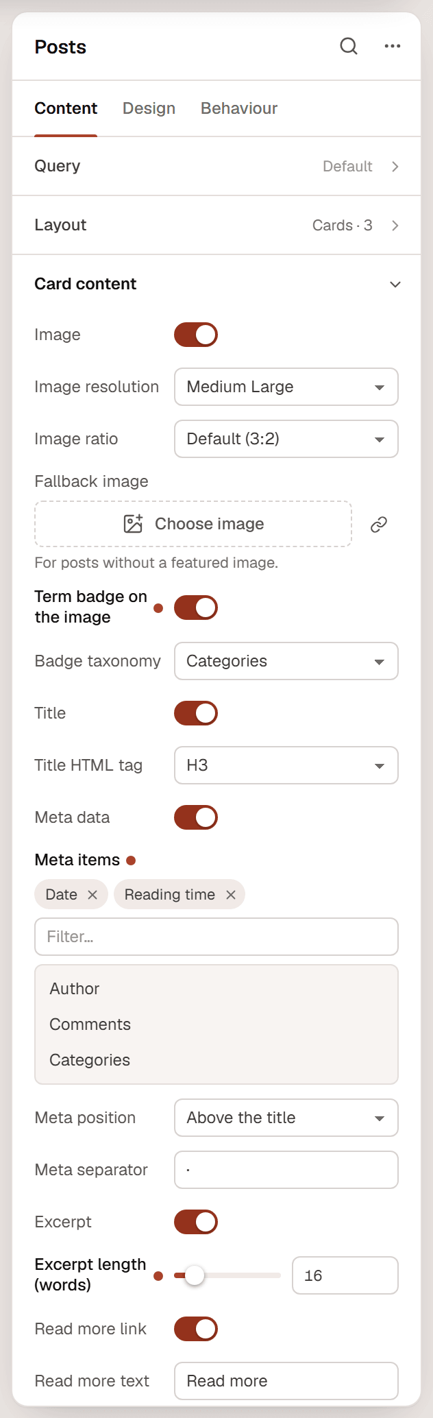 The Posts settings with the Card content section open: Image, Image resolution, Image ratio, Fallback image, Term badge on the image, Title, Meta data, Meta items, Excerpt and Read more link