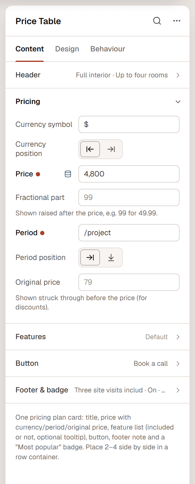 The Price Table settings with the Pricing section open: Currency symbol, Currency position, Price, Fractional part, Period, Period position and Original price