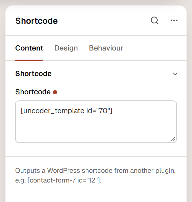 The Shortcode inspector with the shortcode of a saved section in the Shortcode field