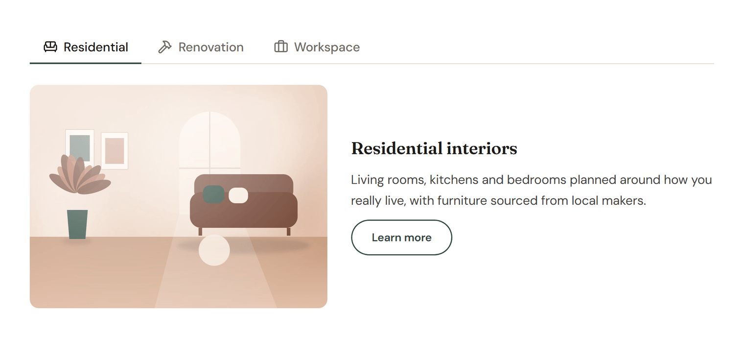 Three tabs named Residential, Renovation and Workspace with icons; the Residential panel shows an image, a heading, text and a button