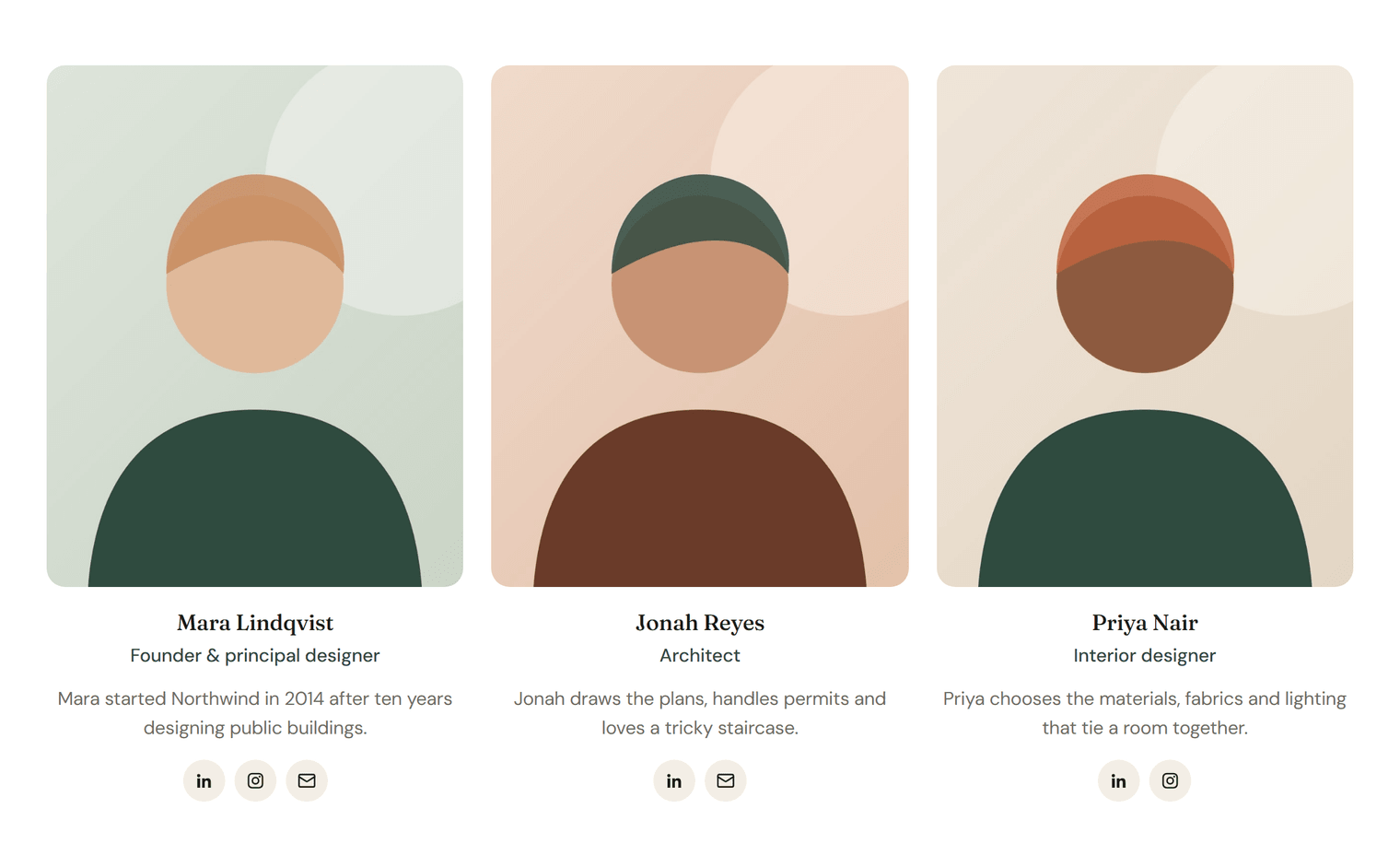 Three team cards with illustrated portraits: Mara Lindqvist, Founder and principal designer; Jonah Reyes, Architect; Priya Nair, Interior designer; each with a one-line bio and round social icons