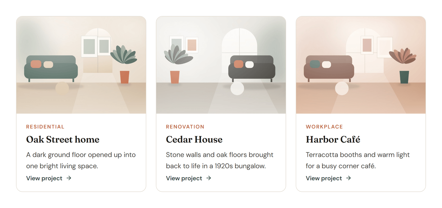 Three project cards from one saved section, each copy showing a different category, title, image and summary