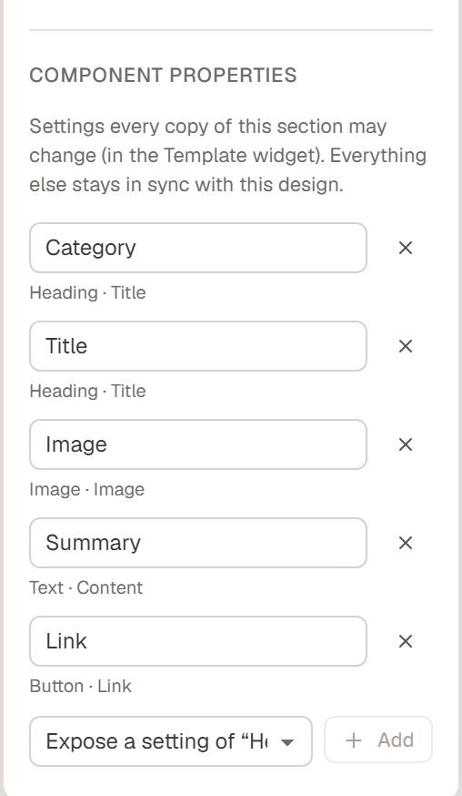 The Component properties list of a section with Category, Title, Image, Summary and Link, and the Expose a setting menu