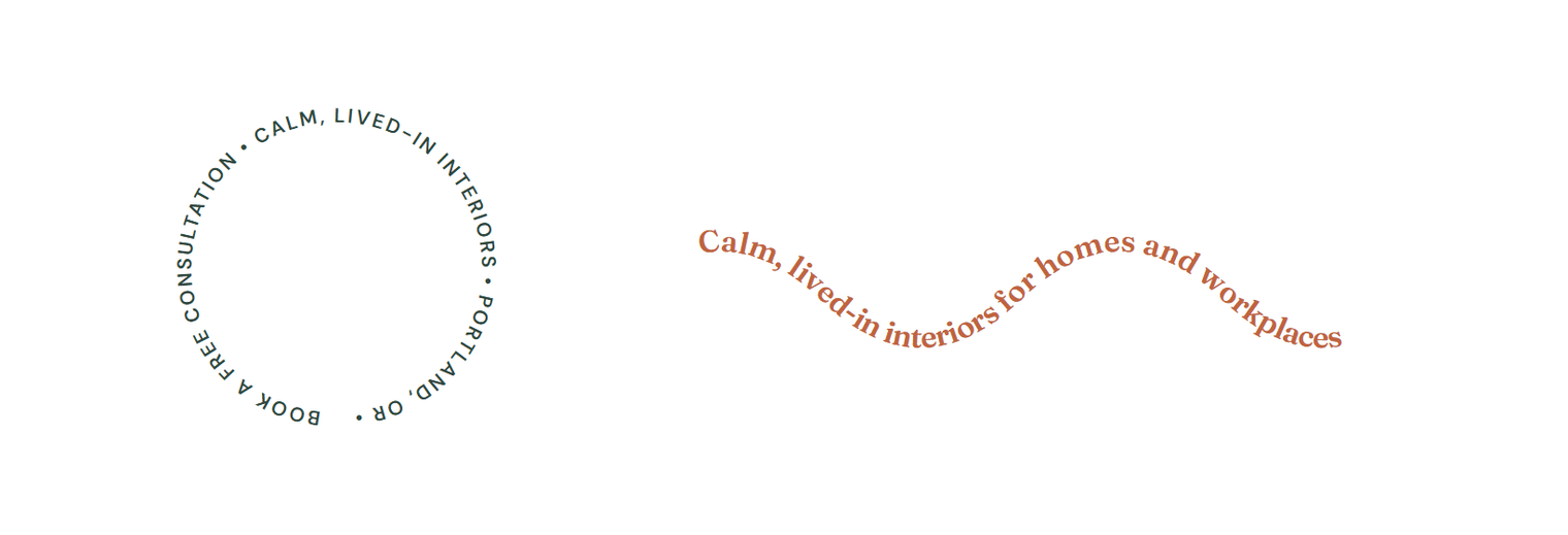 A round badge with small uppercase text around a circle, and a line of terracotta serif text following a wave