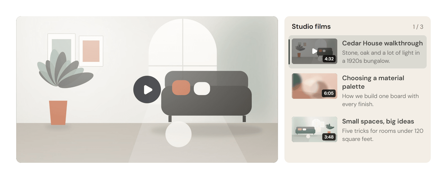 A video player with a poster and play button on the left and a list titled Studio films on the right with three videos, their thumbnails, durations and descriptions; the first one is highlighted