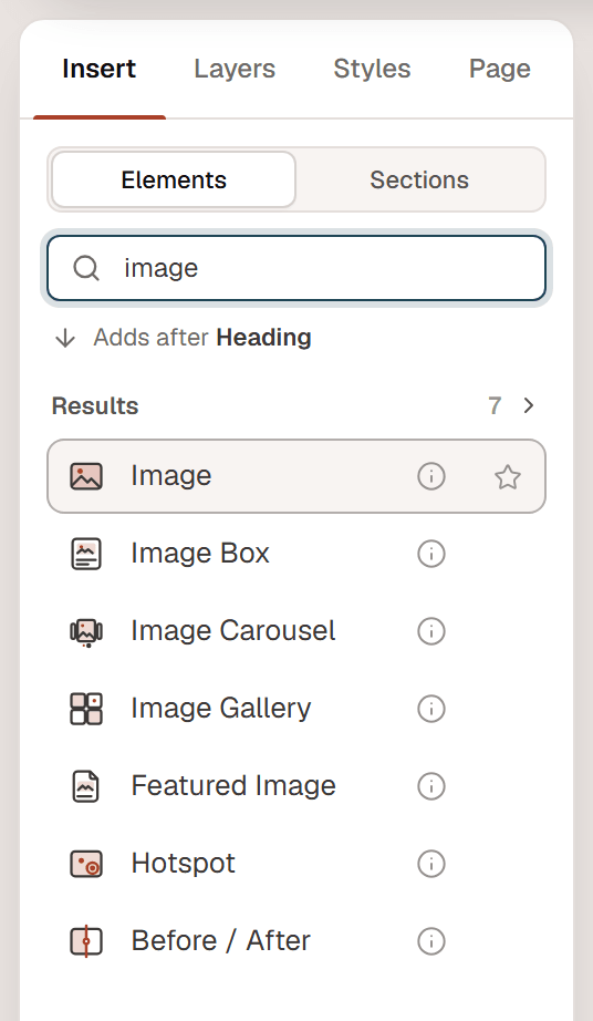 The Insert panel with “image” typed in Search widgets and seven results: Image, Image Box, Image Carousel, Image Gallery, Featured Image, Hotspot and Before / After